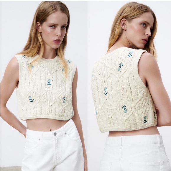 Zara Tops Zara Floral Embroidered Knit Sweater Vest Poshmark